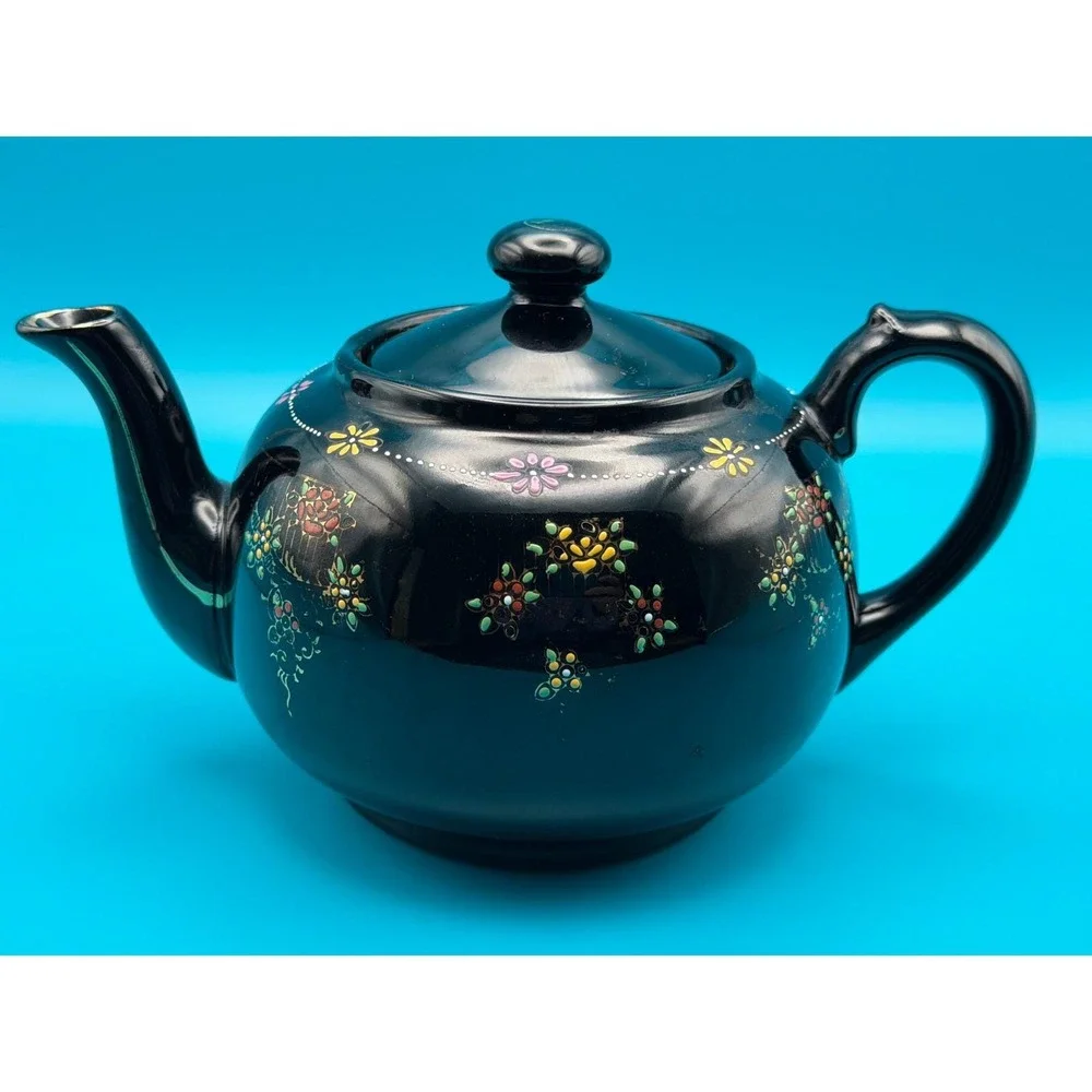 Vintage 1940s Japanese Moriage Redware Teapot Black‎ Floral Hand Painted Ceramic